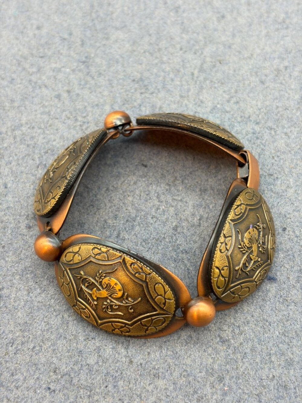 Genuine Copper Link Bracelet 6.5 In MCM Engraved Oval Floral Bronze Gold Vintage